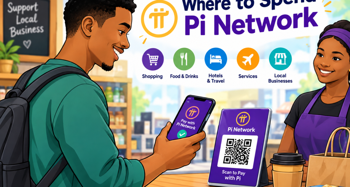 Illustration of a traveler paying with the Pi Network app by scanning a QR code at a café counter, with icons for shopping, food and drinks, hotels and travel, services, and local businesses
