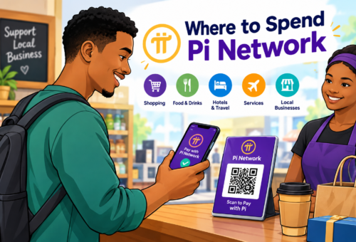 Illustration of a traveler paying with the Pi Network app by scanning a QR code at a café counter, with icons for shopping, food and drinks, hotels and travel, services, and local businesses