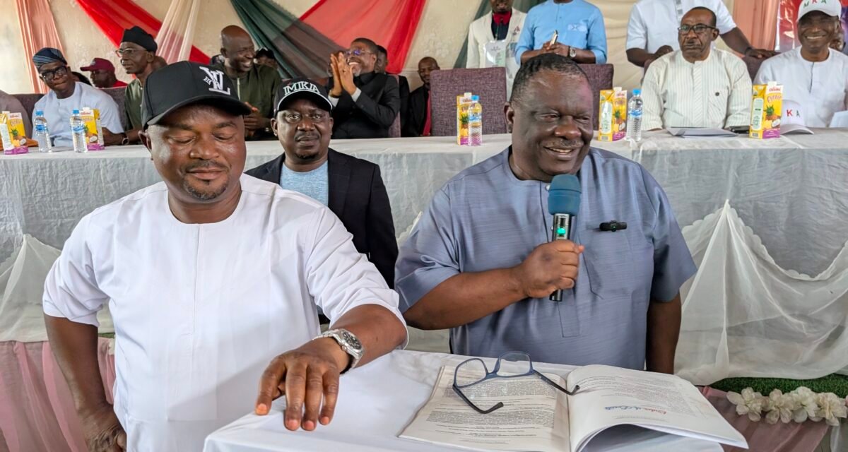 Chief Michael Kaase Aondoakaa SAN speaking at a podium during the education conference in Wannune, Benue State.