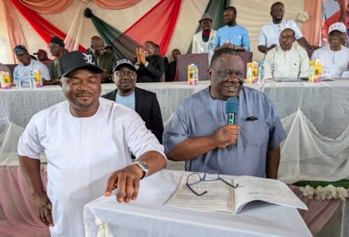 Chief Michael Kaase Aondoakaa SAN speaking at a podium during the education conference in Wannune, Benue State.