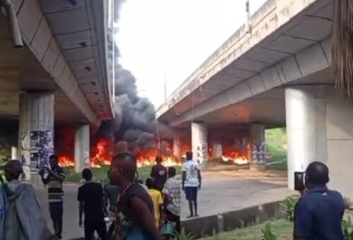 Two severely burnt as diesel tanker plunges from Otedola bridge in Lagos