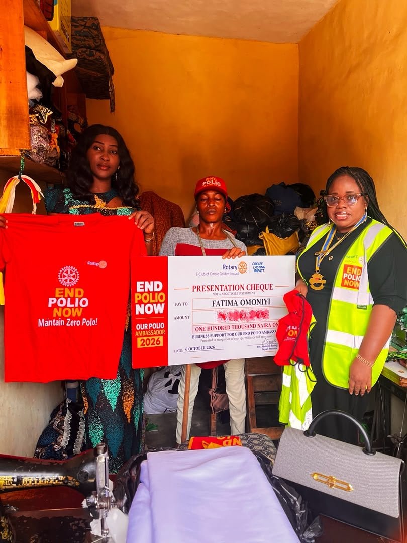 Rotary E-Club of Omole Golden-Impact decorates Fatimah Omoniyi as End Polio Now Ambassador
