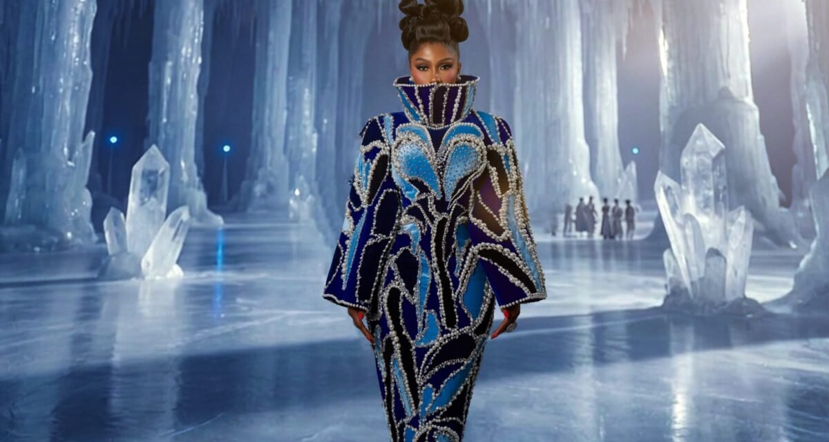 Mercy Eke’s High Format Icon Look Pairs Ice Blue Velvet Together with Cobalt and Pearls Mercy Eke’s High Format Icon Look Pairs Ice Blue Velvet Together with Cobalt and Pearls