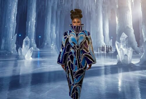 Mercy Eke’s High Format Icon Look Pairs Ice Blue Velvet Together with Cobalt and Pearls