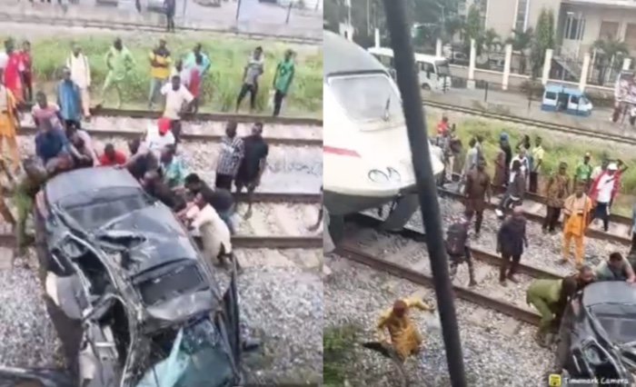 Train rams car in Lagos as driver escapes death